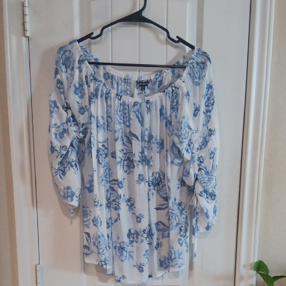 Unique Spectrum White and Blue Smocked Blouse